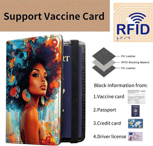 Passport and Vaccine Card Holder Cover Combo,Travel Passport Holder Wallet with RFID Blocking, Leather Vaccine Card Slot Passport Cover Case for Women & Men,African American Woman-1120 in Kuwait