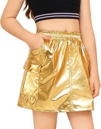 Perfashion Metallic Cargo Skirts for Girls A Line Sparkly Skorts with Multi-Pockets Dance 4-13Y in Saudi Arabia