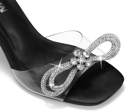 ZURIN Women's Bow Rhinestone Heels Clear Heeled Sandals Prom Crystal Shoes | Square Open Toe, Sparkly Glitter Bling Double Bowknots, Slingback High Heel, Dress Evening Party Formal in Saudi Arabia