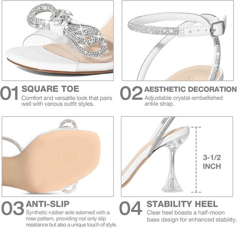 المرأة حجر الراين القوس الكعوب إصبع مربع واضح الكعب الصنادل Slingback عالية الكعب فستان الحفلات مساء الزفاف حذاء من الكريستال in Kuwait