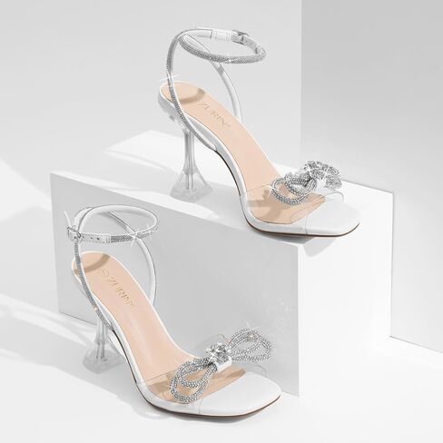 المرأة حجر الراين القوس الكعوب إصبع مربع واضح الكعب الصنادل Slingback عالية الكعب فستان الحفلات مساء الزفاف حذاء من الكريستال in Kuwait