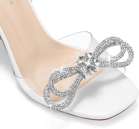 المرأة حجر الراين القوس الكعوب إصبع مربع واضح الكعب الصنادل Slingback عالية الكعب فستان الحفلات مساء الزفاف حذاء من الكريستال in Kuwait