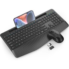 مجموعة لوحة مفاتيح وماوس لاسلكية، مسند للمعصم، حامل هاتف، ماوس Jiggler، لوحات مفاتيح مريحة خالية من التأخر 2.4 جيجا، مجموعة لاسلكية صامتة للكمبيوتر والكمبيوتر المحمول وأجهزة الكمبيوتر الشخصية وأجهزة Mac وWindows -SABLUTE in Kuwait