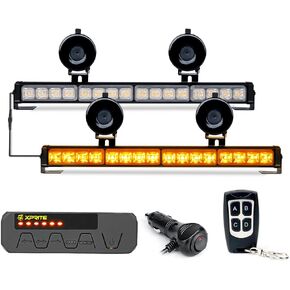 Xprite Amber LED Emergency Traffic Advisor Strobe Dual Light Bar, Deck Windshield Visor Safety Hazard Caution Flashing Lightbars w/Wireless Remote & Control Box, for Construction Vehicles Trucks Vans