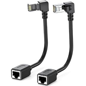2Packs Right Angle Cat7 Ethernet Extension Cables Flat 0.5 FT,Right angle Down 90 Degree LAN Extended Cable Network Patch Cord Male to Female Connector for Router Modem Smart TV PC Computer Laptop
