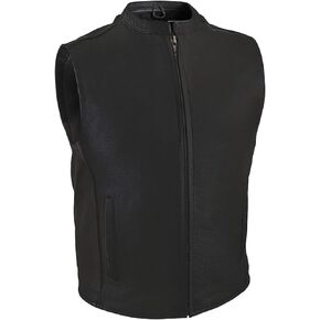 Mens Single Back Panel Leather Motorcycle Club Style Vest w/Concealed Carry Pockets (Black, Sizes S-5XL)