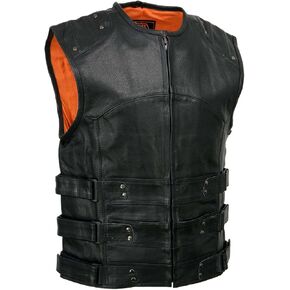 Milwaukee Leather MLM3530 Men's Black Swat Tactical Style Leather Vest Club Patch Accessible Single Panel Back Vest