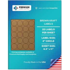 Premium Label Supply Brown Kraft Sticker Round Labels – 2" Circle – Laser/Inkjet Compatible – (20 Labels/Sheet), 25 Sheets – 500 Total Adhesive Labels