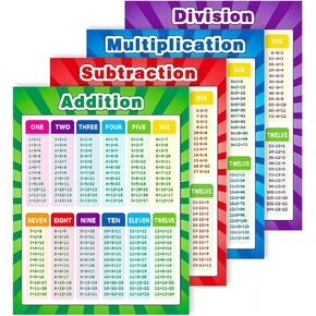 Multiplication Chart,12x16 Inch Multiplication Division Addition Subtraction Educational Posters for Kids,Elementary Middle School Classroom,4 Pcs