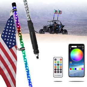 2pcs 2FT LED Whip Lights for UTV ATV 360° Spiral RGB LED Warning Lighted Antenna Whips Chasing Light w/Flag Remote and APP Control for Off-Road Truck Sand Buggy Dune RZR Can-Am Accessories