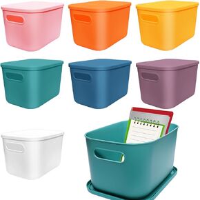 7 Pcs Plastic Storage Bins with Lid Colorful Storage Bins Small Desktop Storage Box Cubby Bins Stackable Storage Baskets for Office Classroom Kitchen Cabinet Shelf (10×7.1×6.2inch)