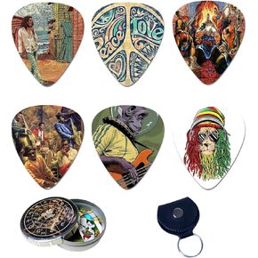 Premium Celluloid Guitar Picks-12 Pack Includes Thin, Medium & Heavy Gauges-Bundle W/Free Metal Box+ Leather Key Chain Pick Holder (Artistic Pattern) Best Gift for Guitar Lovers