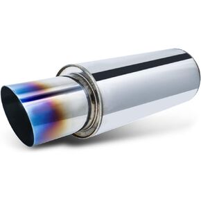M-AUTO Exhaust Muffler, Universal 15" Overall Length Stainless Steel Exhaust Angle Cut Tip, 2" Inlet 3" Outlet Muffler Assembly, Chrome