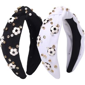 Baseball Headband for Women, Pearl Rhinestone Knotted Hairband 2 Pack - Wide Game Day Hair Accessories in White and Black