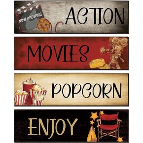 Movie Theater Decor 4 Pieces Wooden Home Theater Decor Vintage Movie Theater Decor for Home Popcorn Enjoy Film Classic Decor Rustic Movie Room Wall Decor Media Room Wall Art, 11 x 3 Inches