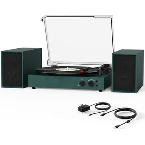 Record Player for Vinyl with External Speakers, USB Port to PC Recoding, 33 45 78 RPM Vintage Bluetooth Belt-Driven Turntable with Dual Stereo Speakers Support RCA AUX Headphone Jack, Green