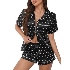 WDIRARA Women's Satin Sleepwear Short Sleeve Button Shirt and Shorts Pajama Set Silky PJ