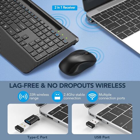 مجموعة لوحة مفاتيح وماوس لاسلكية، مسند للمعصم، حامل هاتف، ماوس Jiggler، لوحات مفاتيح مريحة خالية من التأخر 2.4 جيجا، مجموعة لاسلكية صامتة للكمبيوتر والكمبيوتر المحمول وأجهزة الكمبيوتر الشخصية وأجهزة Mac وWindows -SABLUTE in Kuwait