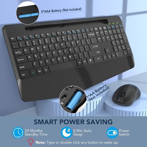 مجموعة لوحة مفاتيح وماوس لاسلكية، مسند للمعصم، حامل هاتف، ماوس Jiggler، لوحات مفاتيح مريحة خالية من التأخر 2.4 جيجا، مجموعة لاسلكية صامتة للكمبيوتر والكمبيوتر المحمول وأجهزة الكمبيوتر الشخصية وأجهزة Mac وWindows -SABLUTE in Kuwait