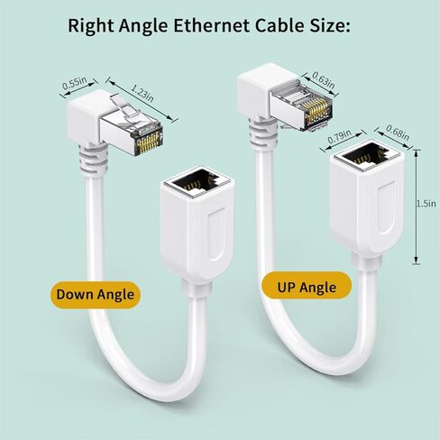 2Packs Right Angle Cat7 Ethernet Extension Cables Flat 0.5 FT,Right angle Down 90 Degree LAN Extended Cable Network Patch Cord Male to Female Connector for Router Modem Smart TV PC Computer Laptop in Kuwait