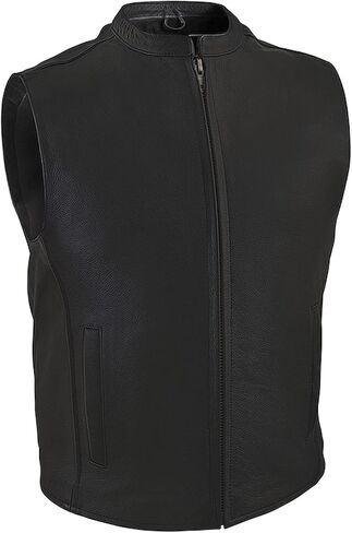 Mens Single Back Panel Leather Motorcycle Club Style Vest w/Concealed Carry Pockets (Black, Sizes S-5XL) in Kuwait