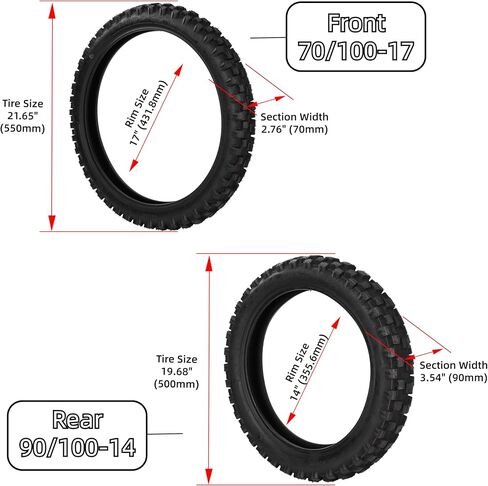 مجموعات الإطارات والأنابيب الداخلية الأمامية 70/100-17 والخلفية 90/100-14 لـ CR85R CRF80F CRF125F CRF150R 110cc 125cc 140cc QG-214 X-M125 جميع الدراجات الترابية 125cc حتى 200cc الدراجة الترابية in Kuwait