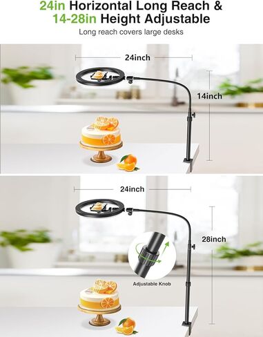 حامل هاتف علوي من Elitehood، مصباح حلقي علوي كبير مقاس 12 بوصة مع حامل وحامل هاتف، حامل هاتف قابل للتعديل مع ضوء لتسجيل الفيديو، متوافق مع هواتف iPhone وAndroid in Kuwait