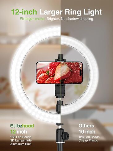 حامل هاتف علوي من Elitehood، مصباح حلقي علوي كبير مقاس 12 بوصة مع حامل وحامل هاتف، حامل هاتف قابل للتعديل مع ضوء لتسجيل الفيديو، متوافق مع هواتف iPhone وAndroid in Kuwait