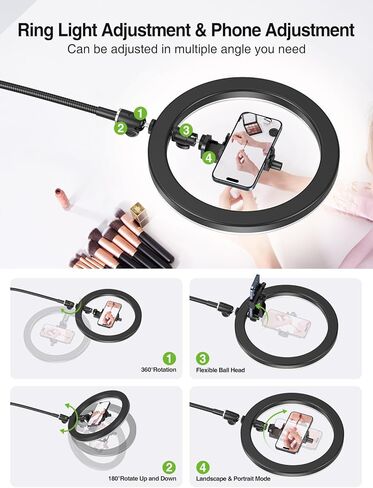 حامل هاتف علوي من Elitehood، مصباح حلقي علوي كبير مقاس 12 بوصة مع حامل وحامل هاتف، حامل هاتف قابل للتعديل مع ضوء لتسجيل الفيديو، متوافق مع هواتف iPhone وAndroid in Kuwait