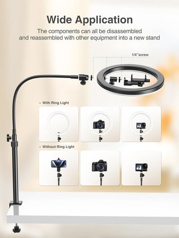 حامل هاتف علوي من Elitehood، مصباح حلقي علوي كبير مقاس 12 بوصة مع حامل وحامل هاتف، حامل هاتف قابل للتعديل مع ضوء لتسجيل الفيديو، متوافق مع هواتف iPhone وAndroid in Kuwait