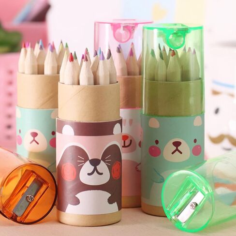 3 Pack Cute Cartoon Bear Drawing Mini Colored Pencils with Sharpener, 3.5" Length, 12 Count in Tube, Office School Supplies Students Children Gift in Kuwait