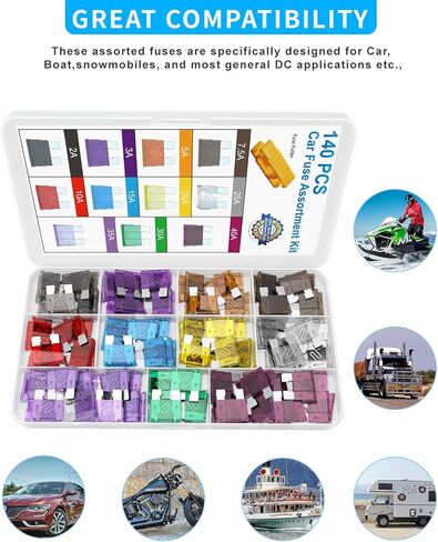 صمامات السيارة - 140 قطعة مجموعة متنوعة من صمامات السيارة القياسية، استبدال صمامات السيارات (2A 3A 5A 7.5A 10A 15A 20A 25A 30A 35A 40AMP) لشاحنة RV Camper Auto Motorcycle Truck ATV UTV Car Boat Marine in Kuwait