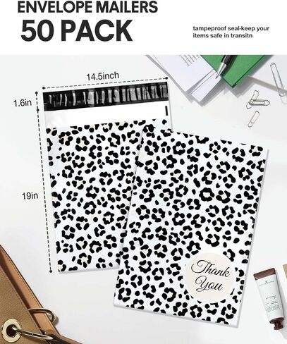 50 حزمة من حقيبة الشحن بولي ميلرز ليوبارد مع إغلاق ذاتي، حقائب بريدية كبيرة للأعمال الصغيرة - مظاريف شحن للملابس (15 × 19 بوصة، 50 حزمة، ليوبارد) in Kuwait