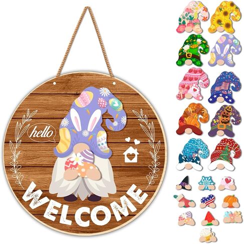 Interchangeable Welcome Sign for Front Door Seasonal Gnome Wood Wreath Sign Changeable Holiday Seasonal Gnome Decoration Door Home Wall Decor (21 Pcs) in Saudi Arabia