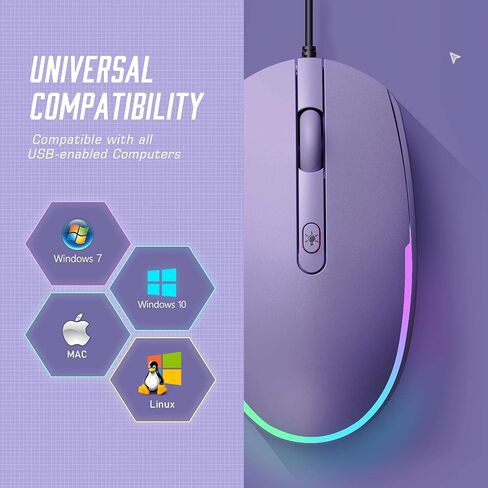 seenda Wired Mouse, RGB Backlit 1600 DPI Corded Mouse for Laptop/PC, Purple | Plug-and-play with quiet clicks and optical tracking for laptop, PC, Chromebook, desktop, office, school, and home in Kuwait