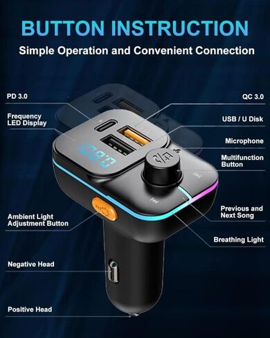 جهاز إرسال FM بلوتوث للسيارة، محول سيارة بلوتوث مع شاحن سيارة USB مزدوج ونوع C، مشغل MP3 يدعم بطاقة TF وقرص USB، مكالمات بدون استخدام اليدين، 7 ألوان بإضاءة خلفية LED - أسود in Kuwait