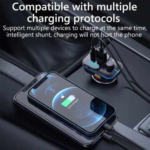 جهاز إرسال FM بلوتوث للسيارة، محول سيارة بلوتوث مع شاحن سيارة USB مزدوج ونوع C، مشغل MP3 يدعم بطاقة TF وقرص USB، مكالمات بدون استخدام اليدين، 7 ألوان بإضاءة خلفية LED - أسود in Kuwait