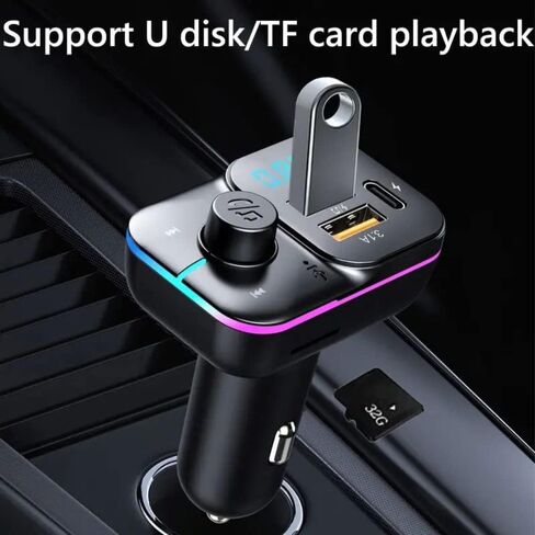 جهاز إرسال FM بلوتوث للسيارة، محول سيارة بلوتوث مع شاحن سيارة USB مزدوج ونوع C، مشغل MP3 يدعم بطاقة TF وقرص USB، مكالمات بدون استخدام اليدين، 7 ألوان بإضاءة خلفية LED - أسود in Kuwait