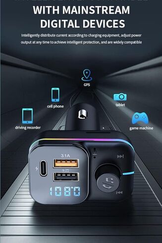 جهاز إرسال FM بلوتوث للسيارة، محول سيارة بلوتوث مع شاحن سيارة USB مزدوج ونوع C، مشغل MP3 يدعم بطاقة TF وقرص USB، مكالمات بدون استخدام اليدين، 7 ألوان بإضاءة خلفية LED - أسود in Kuwait