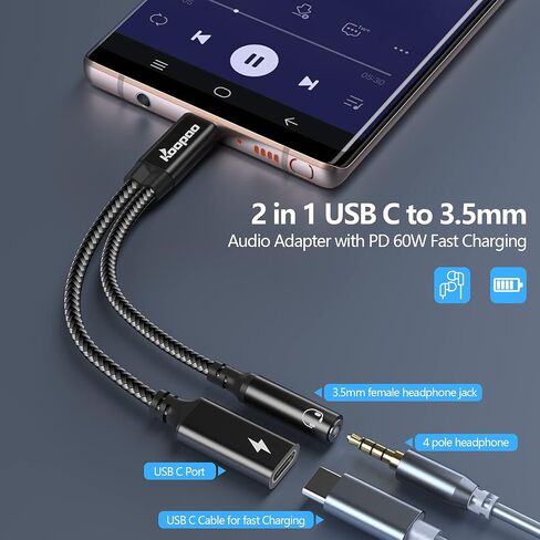 KOOPAO USB C to 3.5mm Headphone Charger Adapter, 2 in 1 Type C 3.0 Aux Audio Jack DAC Quick 60W PD Fast Charging Cable Compatible for Samsung Galaxy S23 S23+ S23 Ultra (Black) in Saudi Arabia