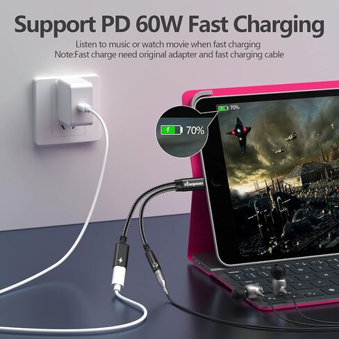 KOOPAO USB C to 3.5mm Headphone Charger Adapter, 2 in 1 Type C 3.0 Aux Audio Jack DAC Quick 60W PD Fast Charging Cable Compatible for Samsung Galaxy S23 S23+ S23 Ultra (Black) in Saudi Arabia
