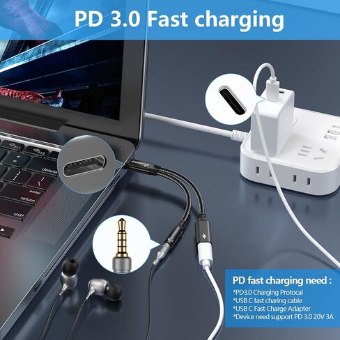 KOOPAO USB C to 3.5mm Headphone Charger Adapter, 2 in 1 Type C 3.0 Aux Audio Jack DAC Quick 60W PD Fast Charging Cable Compatible for Samsung Galaxy S23 S23+ S23 Ultra (Black) in Saudi Arabia