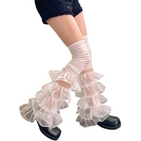 SOLILOQUY Women Y2K Ruffle Lace Leg Warmer Kawaii Lolita Long Thigh High Socks Harajuku JK Tiered Sheer Tulle Boot Cuff Cover