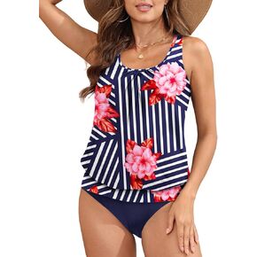 Yonique Women Two Piece Tankini Blouson Swimsuit Bathing Suits Racerback Swim Tank Tops with Bottoms Tummy Control Swimwear