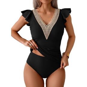 Women's Tummy Control Tankini Two Piece Swimsuit High Waisted Bathing Suit with Ruched Ruffle Swim Top