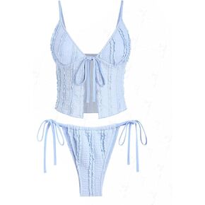 seamoly Ruffled Trim Textured Tied Side Tanga Tankini Set in Kuwait