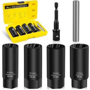 Topec 6PCS Deep Lug Nut Removal Tool, 1/2" Drive Lug Nut Extractor Set, 17-22mm Wheel Lock Removal Kit, Spark Plug Extractor Socket Set for Stripped, Rounded, Damaged Bolts & Studs