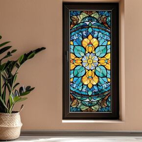 15.75 x 39.4 Inch Stained Mandala Glass Window Film Decorative Large Non Adhesive Vinyl Static Cling Rainbow Glass Decals Removable Heat Control Blocking Decal for Home Bathroom Door