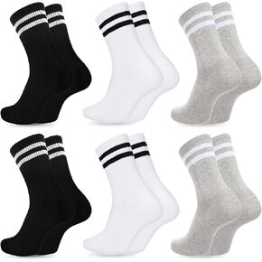 6-pair Striped Crew Socks Women, Breathable Cotton Half Calf Women Socks Size 7-9, White Tube Sock for Gym Tennis Running