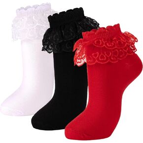 NiceBaby 3 Pairs Adult Ruffle Socks for Women, Double Lace Cute Frilly Socks, Women's Cotton Ankle Socks Size 9-11 in Kuwait